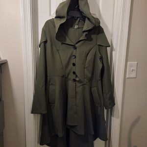Women's High-Low Olive Green Hooded Coat With Corset Tie Back.  Size US 16.